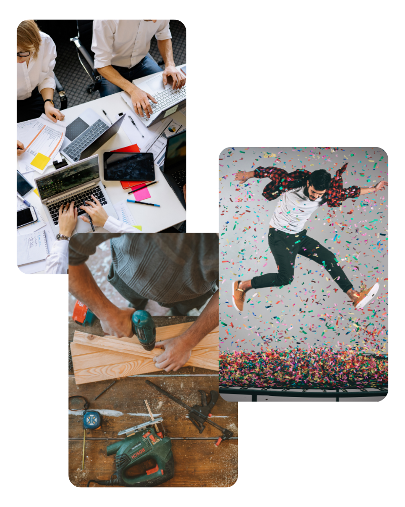 Eine Bildcollage aus drei Bildern. Zu sehen ist eine Bürosituation an einem Tisch mit Laptops, ein Mann mit Konfetti der in die Luft springt und ein Handwerker der mit einer Bohrmaschine in Holz bohrt.