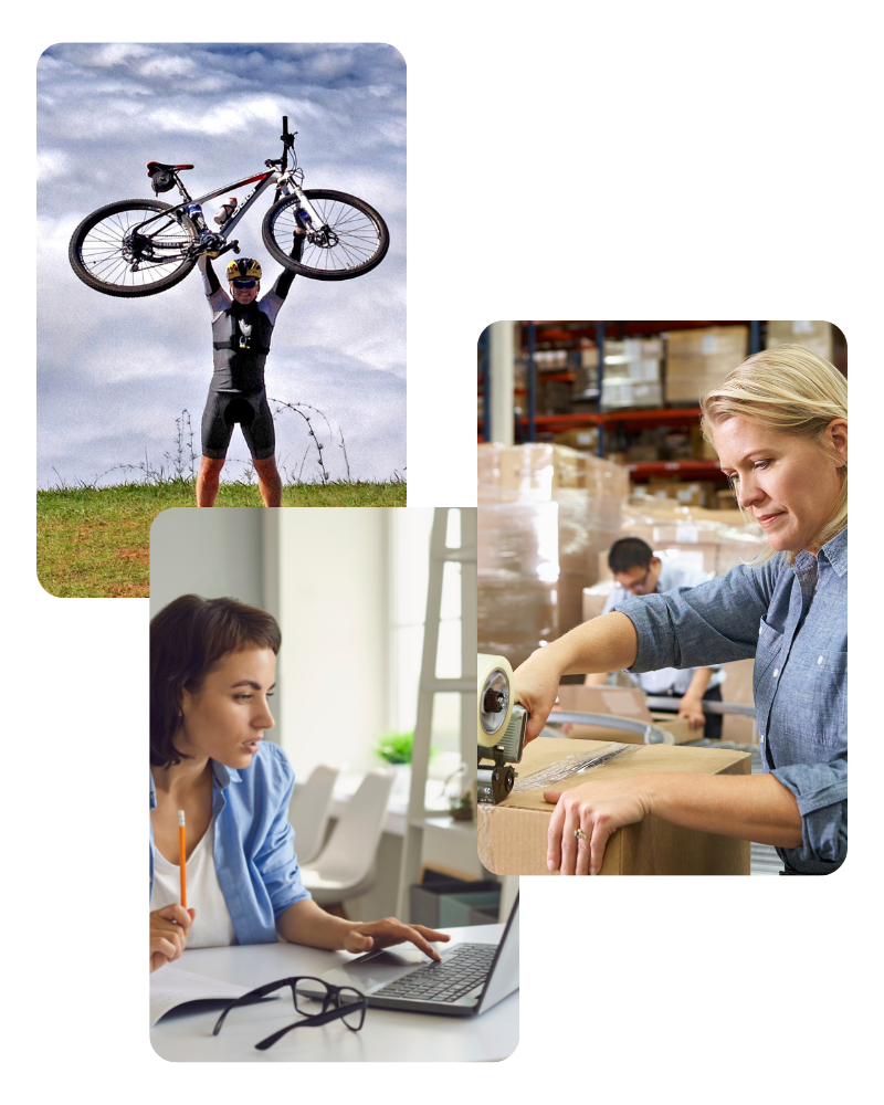 Eine Bildcollage aus drei Bildern. Zu sehen ist ein Fahrradfahrer der sein Fahrrad in die Luft hebt, eine Frau die ein Paket mit Klebeband verschließt und eine Frau mit einem Stift vor einem Laptop.